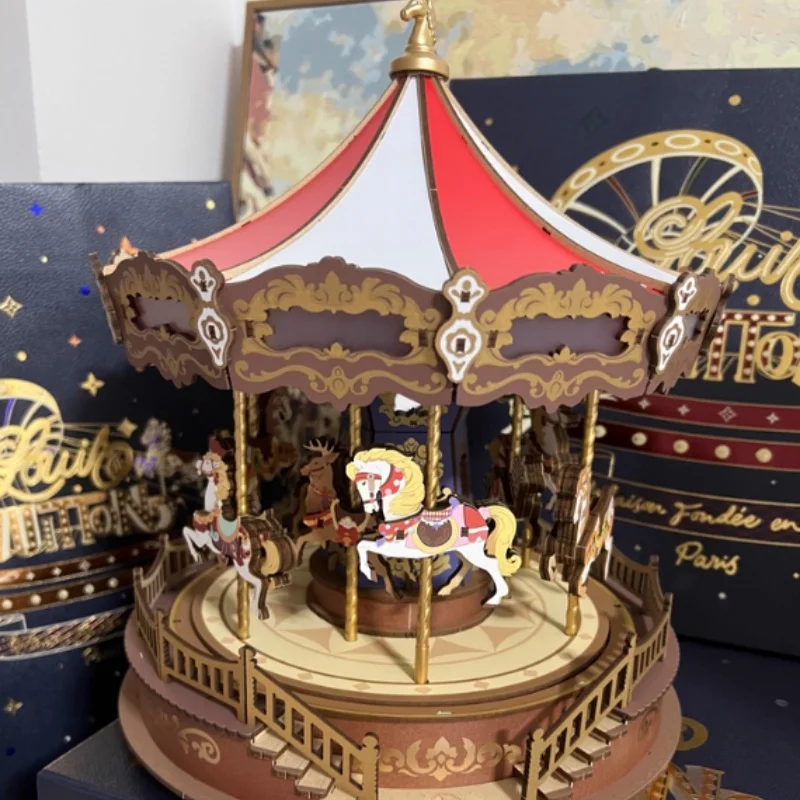 Caixa de música bloco de construção modelo kit diy artesanal montagem criativa brinquedo para as mulheres presente natal com recurso carrossel criativo