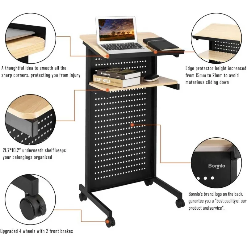 Mobile Wheeled Lectern Standing Podium, Portable Lecture Speech Teach Platform Classroom Church or Ceremony, Multi-Function