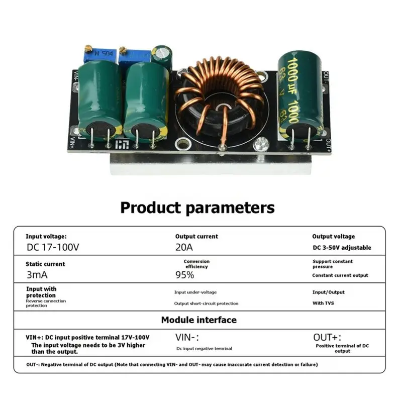 AS95 300W 20A High Power Down Buck Module DC 17-100V to 3-50V Adjustable Step Down Power Supply CV CC