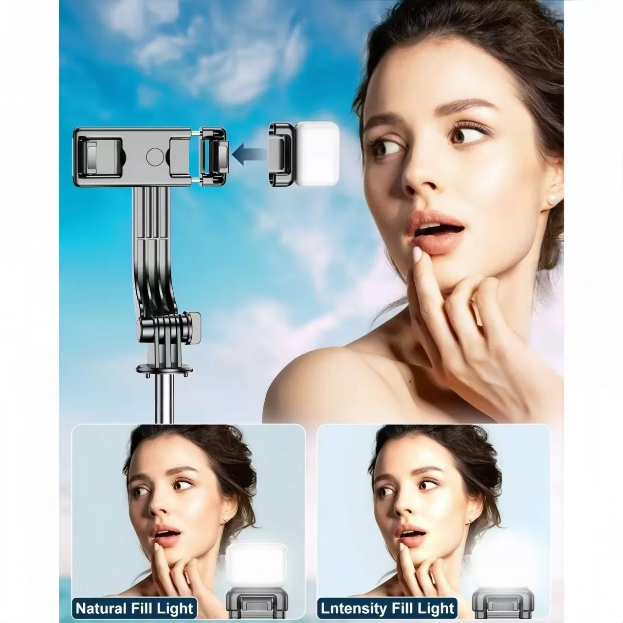 Tripé portátil para selfie, com luz de preenchimento de beleza ajustável, controle remoto bluetooth, adequado para apple iphone ﻿ Suporte para telefone