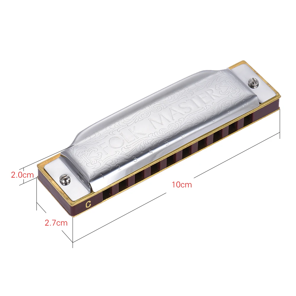 Folkmaster Standaard 10-gaats diatonische mondharmonica in de toonsoort F, model 1072-F 20 tonen blues mondharmonica, draagbaar muziekinstrument