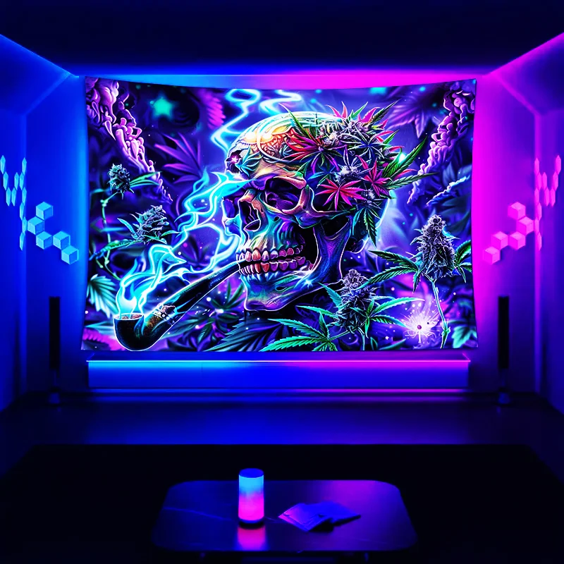 VIKAMA Psychedelic Skull Tapestry Neon Smoke Effects Music Party Room Theme Trendy Guesthouse Hipster Living Room Decor
