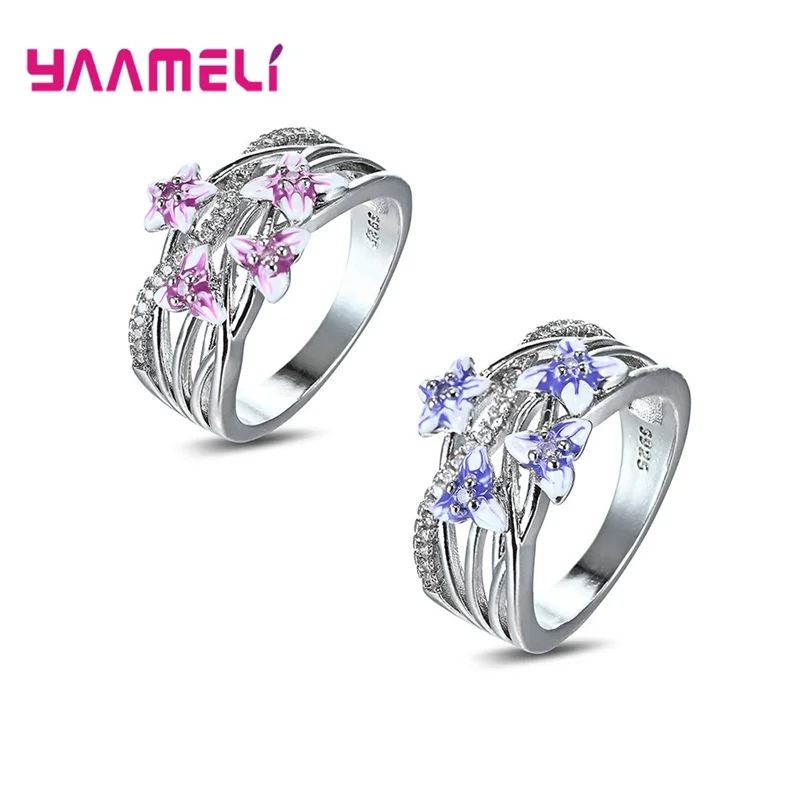 New Fashion Jewelry 925 Sterling Silver Rings High Quality Enameled Matthiola Incana Cubic Zircon Charm Bague Bijoux