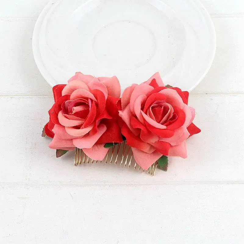 Romantic Fancy Double Silk Artificial Rose Flower Hair Comb Purple Red Hair Clip Wedding Bridal Lady Prom Headpiece Headwear