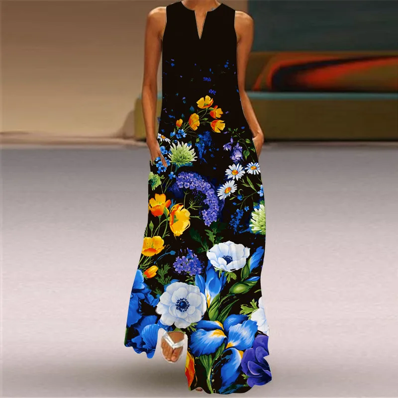 

Summer Women's Landscape Printed Pocket Long Casual Dress Elegant Women's V-neck Sleeveless Loose Fitting Dress Vestidos S-3XL