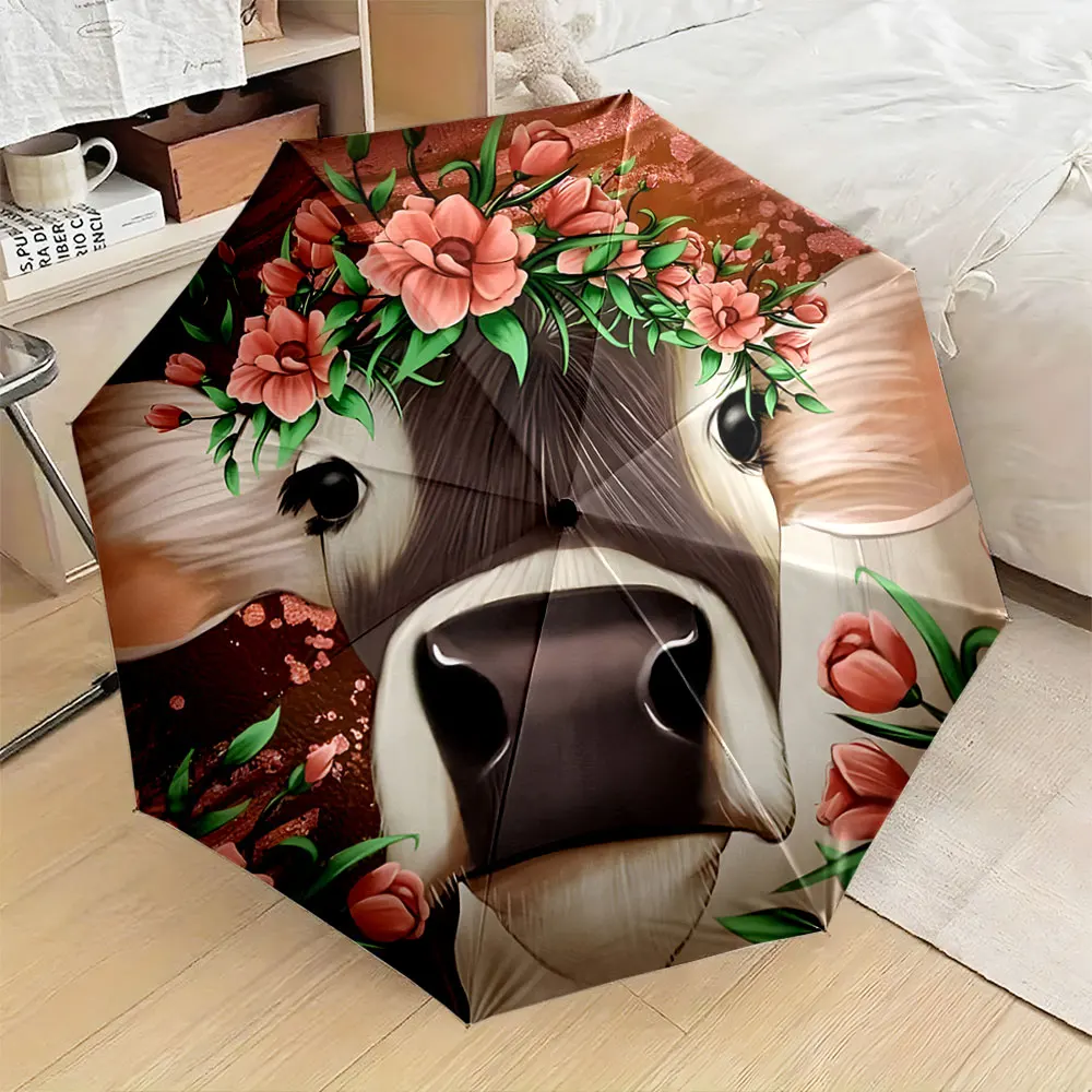 1PC Floral Cow Design Umbrella Adds Charm to Rainy Days Print 8 Iron Ribs Folding Umbrella Auto-Open Fashion Sunshade