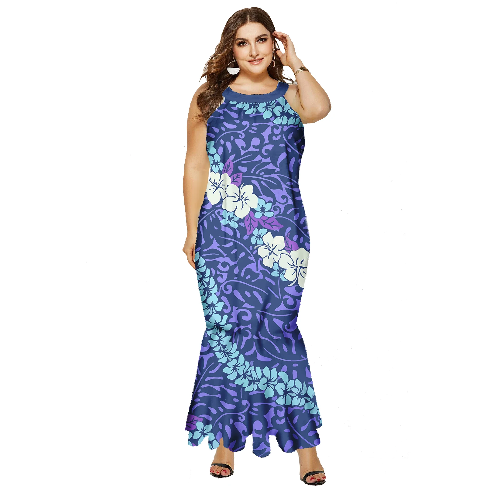 Alta qualidade dupla camada plissado manga fishtail vestido novo design polinésia tribal magro-ajuste sereia vestido