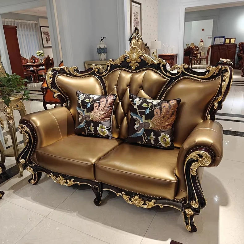 &European-style Sofa Cover Luxurious, Villa, Genuine Leather, Solid Wood Carved Decoration