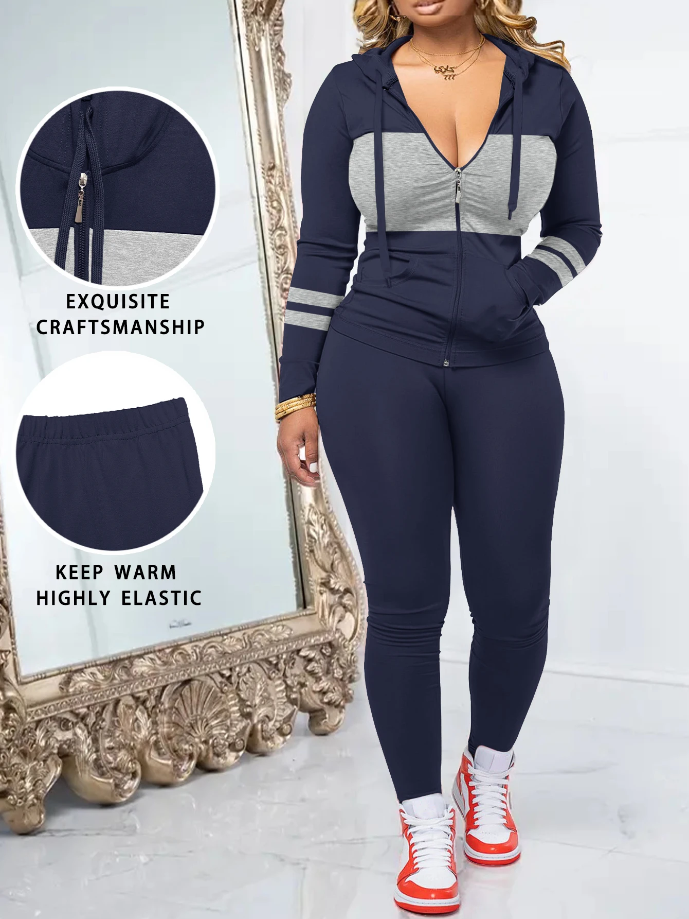 Women's Fashion Color Block Hooded Sporty Set | Classic Solid Color Grey Slim Fit Fitness Two-Piece Set | Zip-Up Sweater + High-