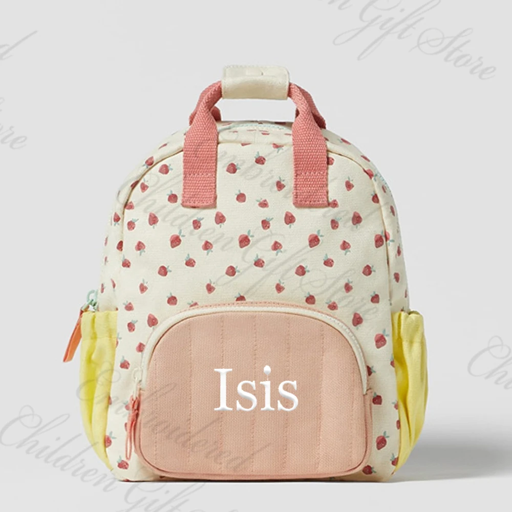 Nome personalizado Strawberry Backpack, Kindergarten School Bags, personalizado bordado, presente das meninas, bolsa de ombro com nomes