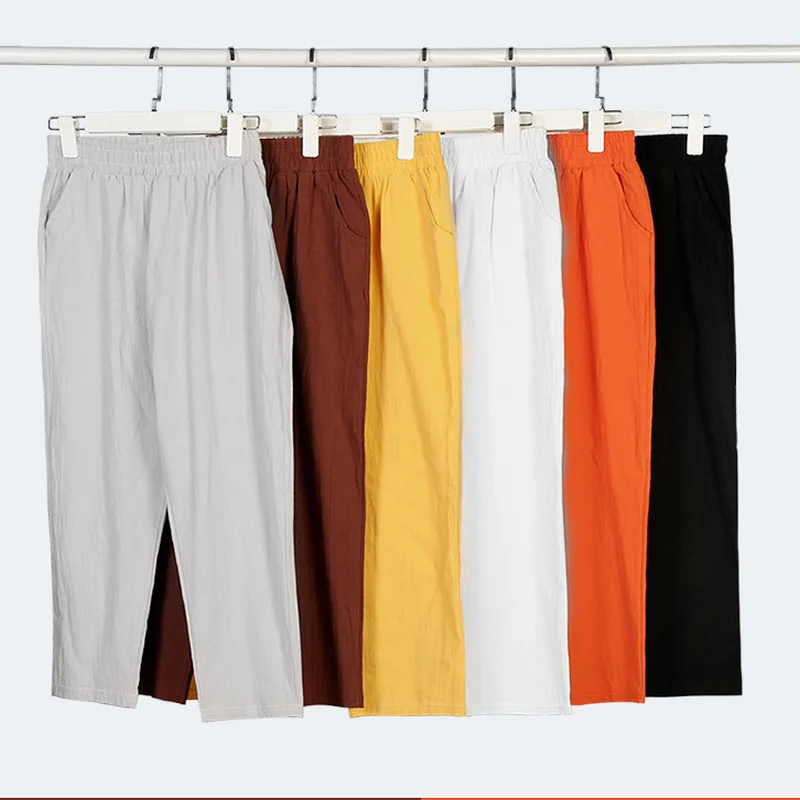 

Summer Women Cropped Pants High Waist Loose Cotton Linen Harem Pants Casual Solid Color All-match Korean Fashion Baggy Pants