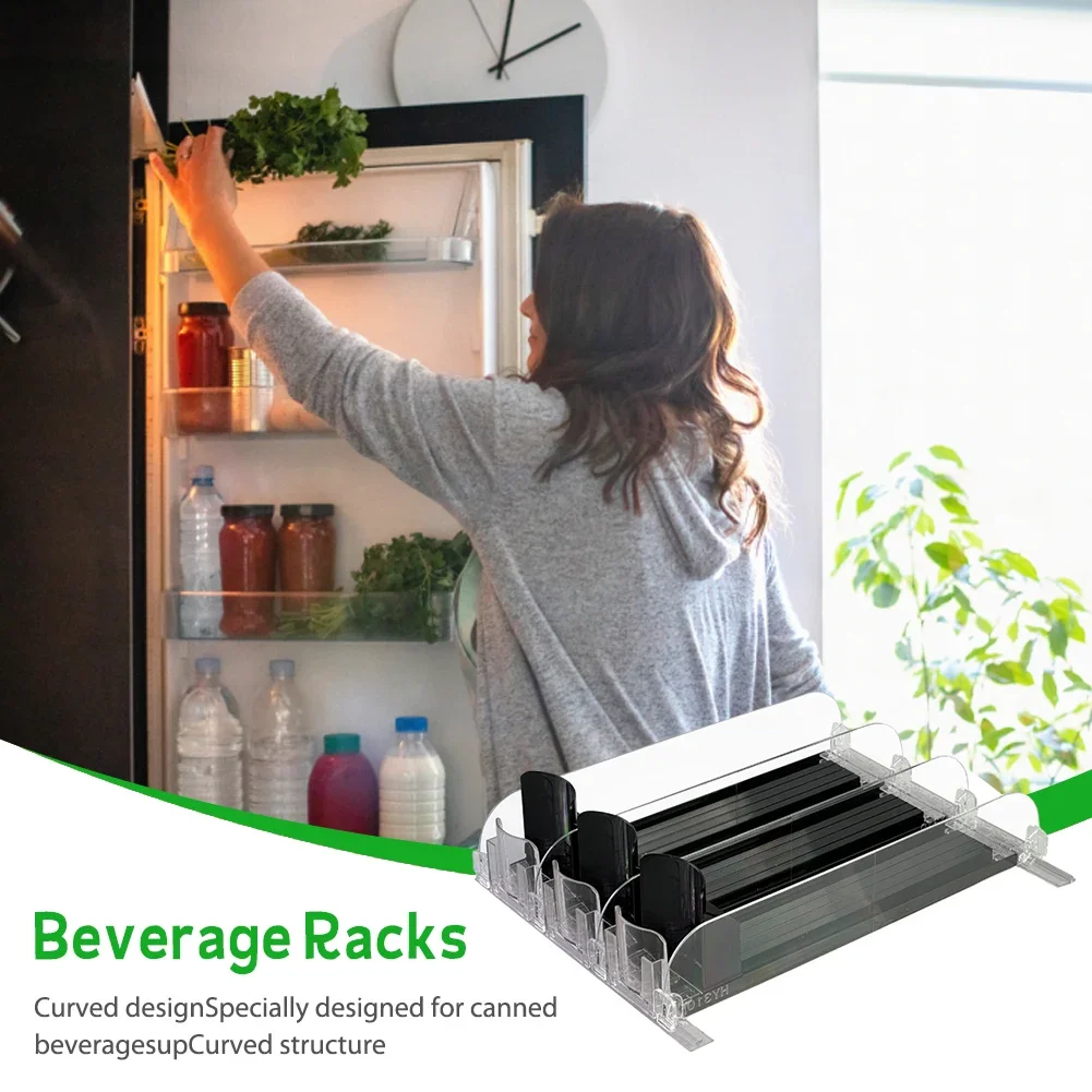 Canned Beverage Push Rack Drink Organizer Dispenser Spring Push Adjustable Width Storage Shelf E-shaped Glide for Kitchen Fridge