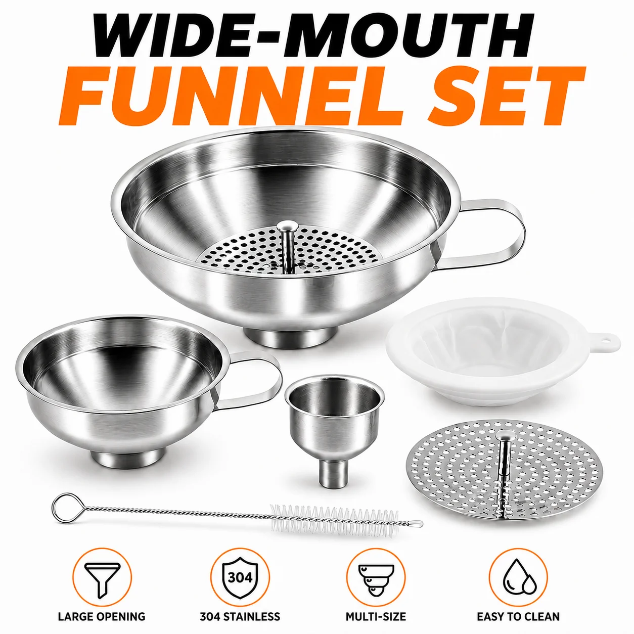 3/6 Pack Stainless Steel Wide Mouth Canning Funnels Set With Removable Strainer For Transferring Salad Dressing Jam Hot Oil