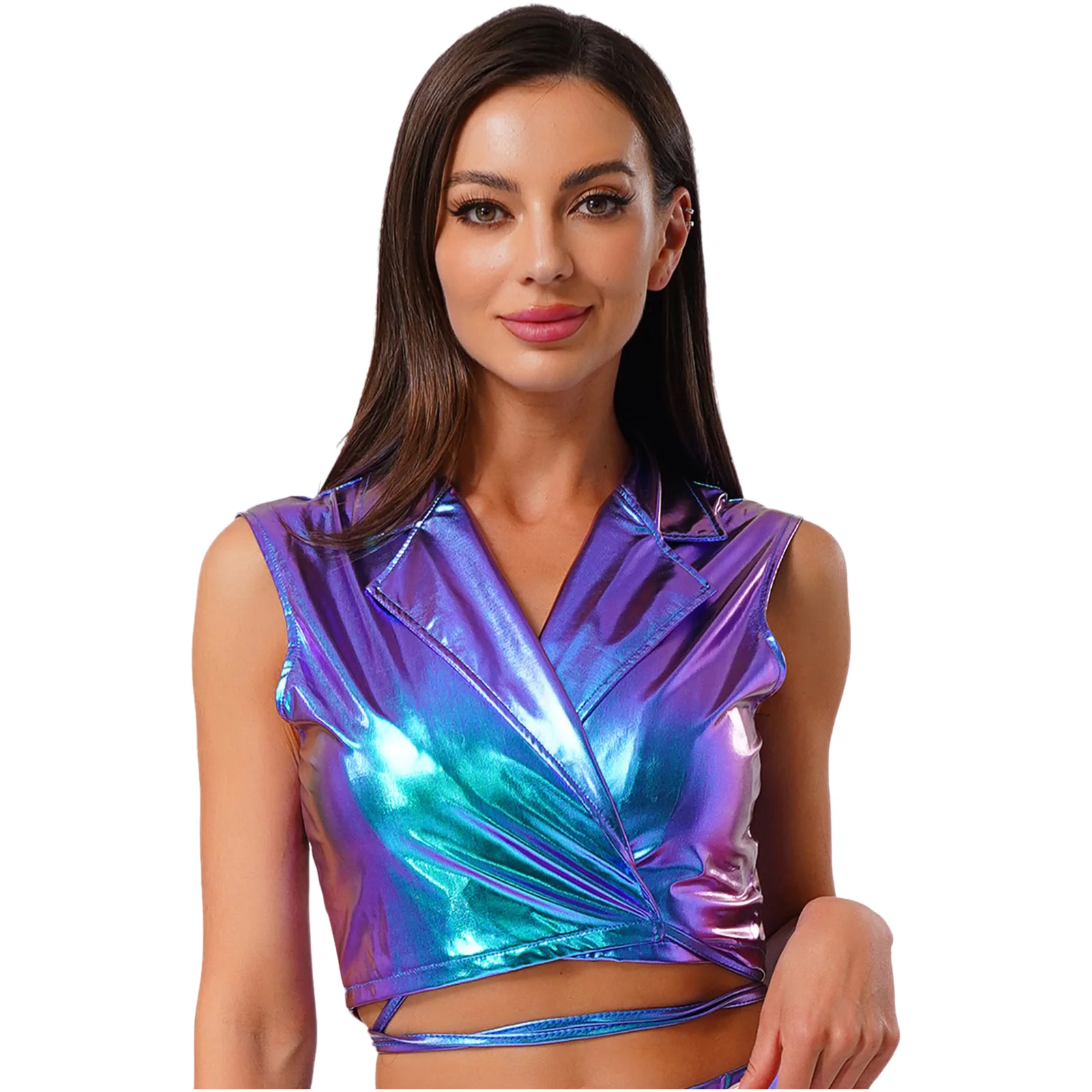 

Women Metallic Shiny Crop Tops Sleeveless Front Wrap Lace-up Crop Tank Tops Vest for Jazz Dance Disco Raves Club Musical Wear