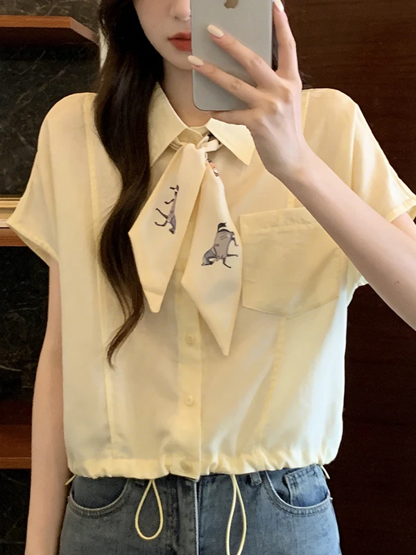 

plus Size Women's Summer New Pure Color Shirt Casual Drawstring Top Small Design Sense Commute Style Short Sleeve Flip Collar