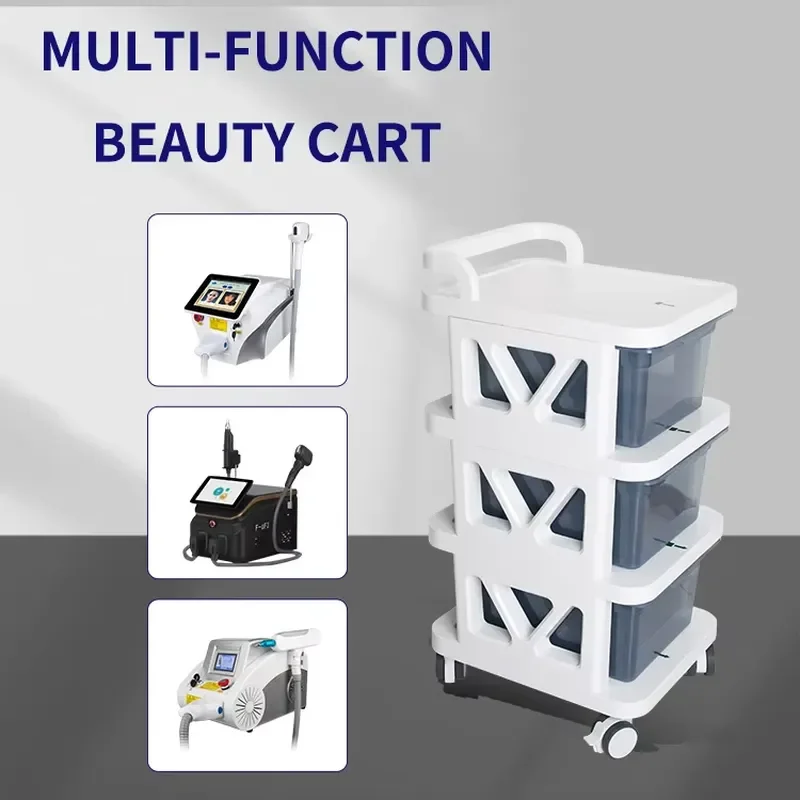 White Trolley with Multi-Tier Storage Rack and Cable Management for Professional Salon Desktop Equipment