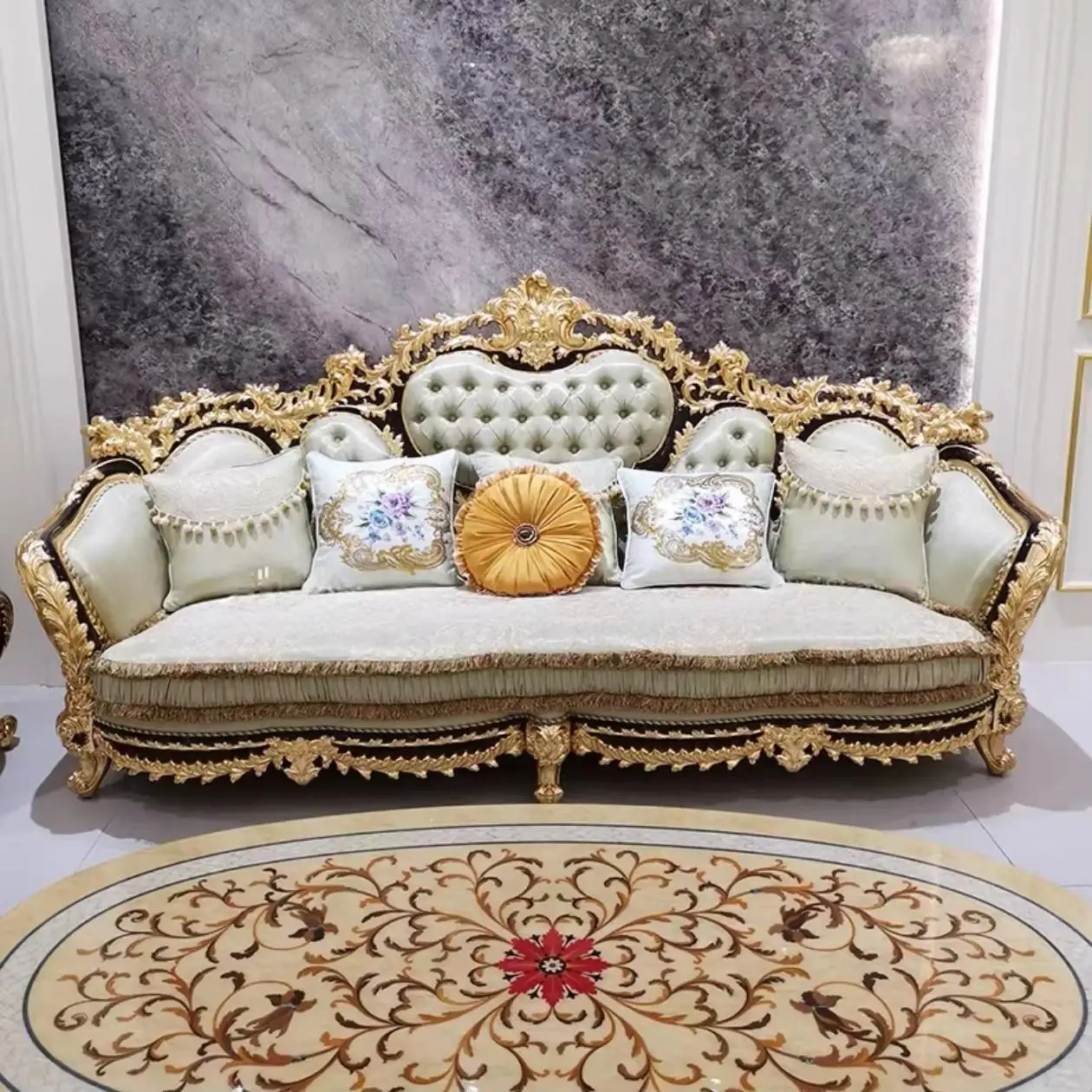 #French Luxury Palace Style One Seat Adjustable Chesterfield Sofa Solid Wood Carved Round 3-Position Reclining for Living Room