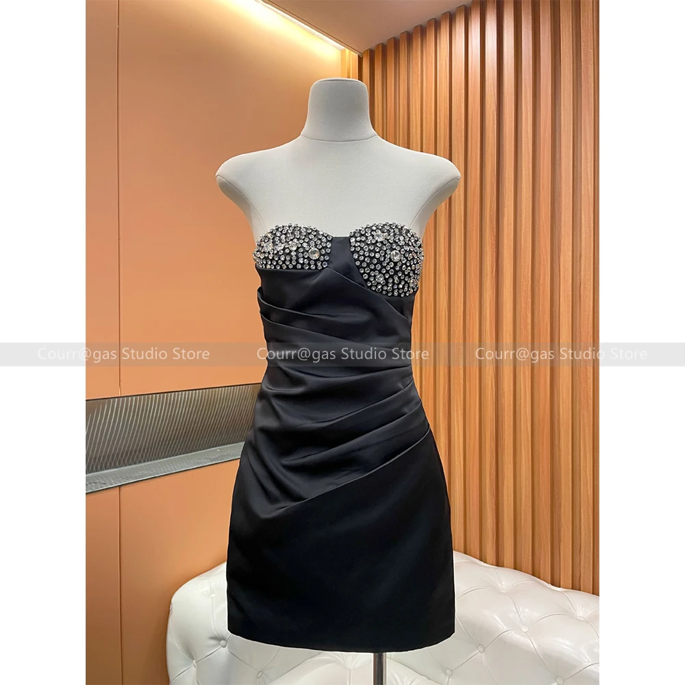 

Niche Design Light Luxury Glitter Diamonds Little Black Dress Sexy Sheath Dress Strapless Haute French Dresses