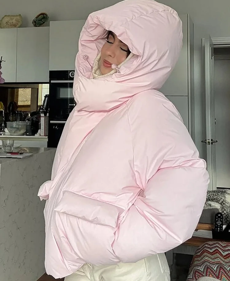 Jaqueta casual acolchoada com capuz feminina solta mangas compridas bolsos com zíper casacos com gola