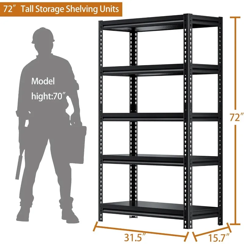 Estantería de garaje de 72 "H, estantes de almacenamiento resistentes, cargas de 2000 libras, unidades de estantería ajustables de 5 niveles, 31,5" W x 15,7 "D x 72" H, negro