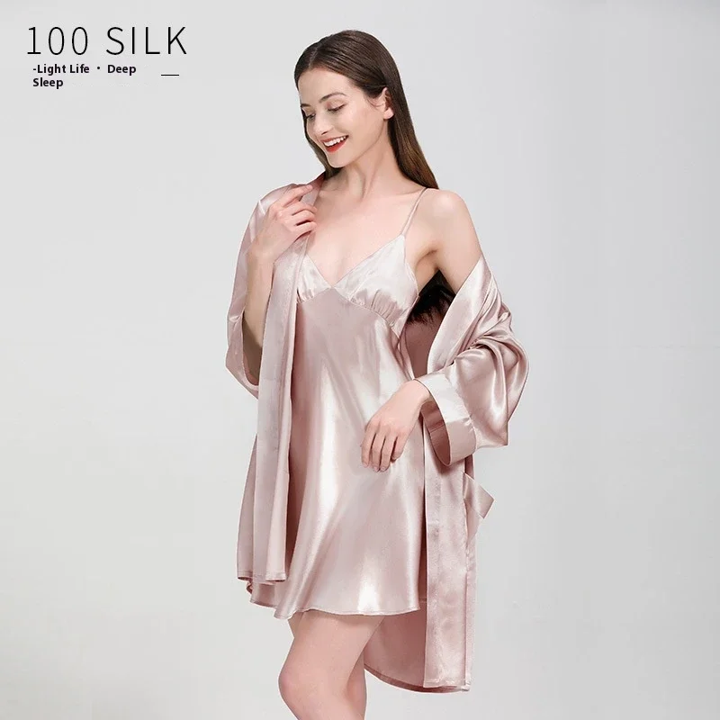 

Solid 100% Real Silk Long Sleeve Robe With Mini Nightdress V Neck Slip Dress and Robes Set Women's Sleepwear Kimono Nightgown PJ