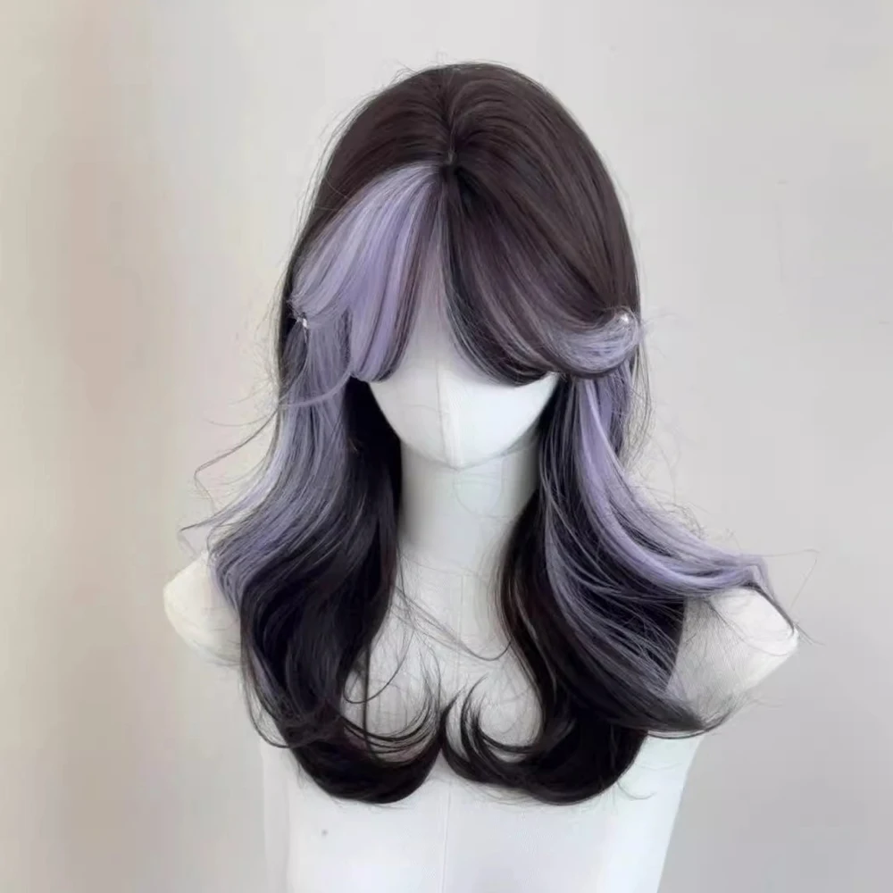 Synthetic Medium Long Ombre Black Purple Highlights Wig Wavy Fluffy Lolita Cosplay Heat Resistant Wig for Daily Party