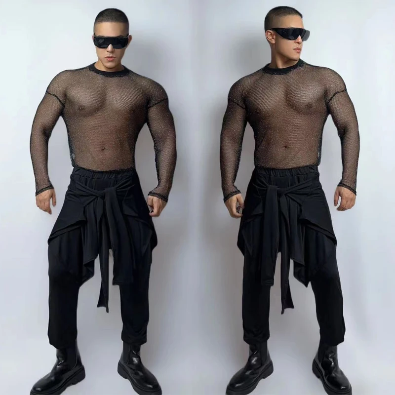 Men Mesh Top Jazz Pants Sexy Pole Dance Clothing Bar Nightclub Dj Ds Gogo Costume Rave Outfit Stage Performance Wear XS6485