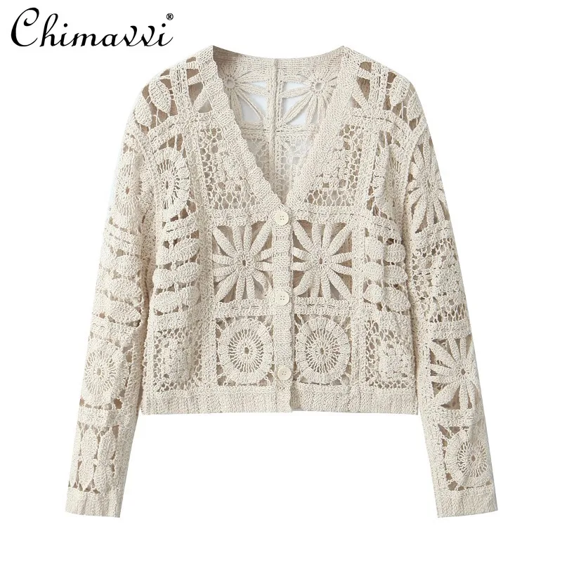 

2024 New European and American Style Three-Dimensional Hollow Crochet Knitted Cardigan Casual Pants Suit For Women