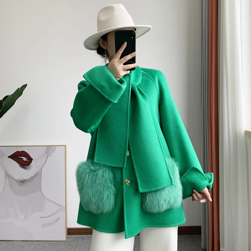 2022 High End Brand Fox Fur Pocket Double Sided Woolen Cashmere Coat Women Long Scarf Collar woolen coat