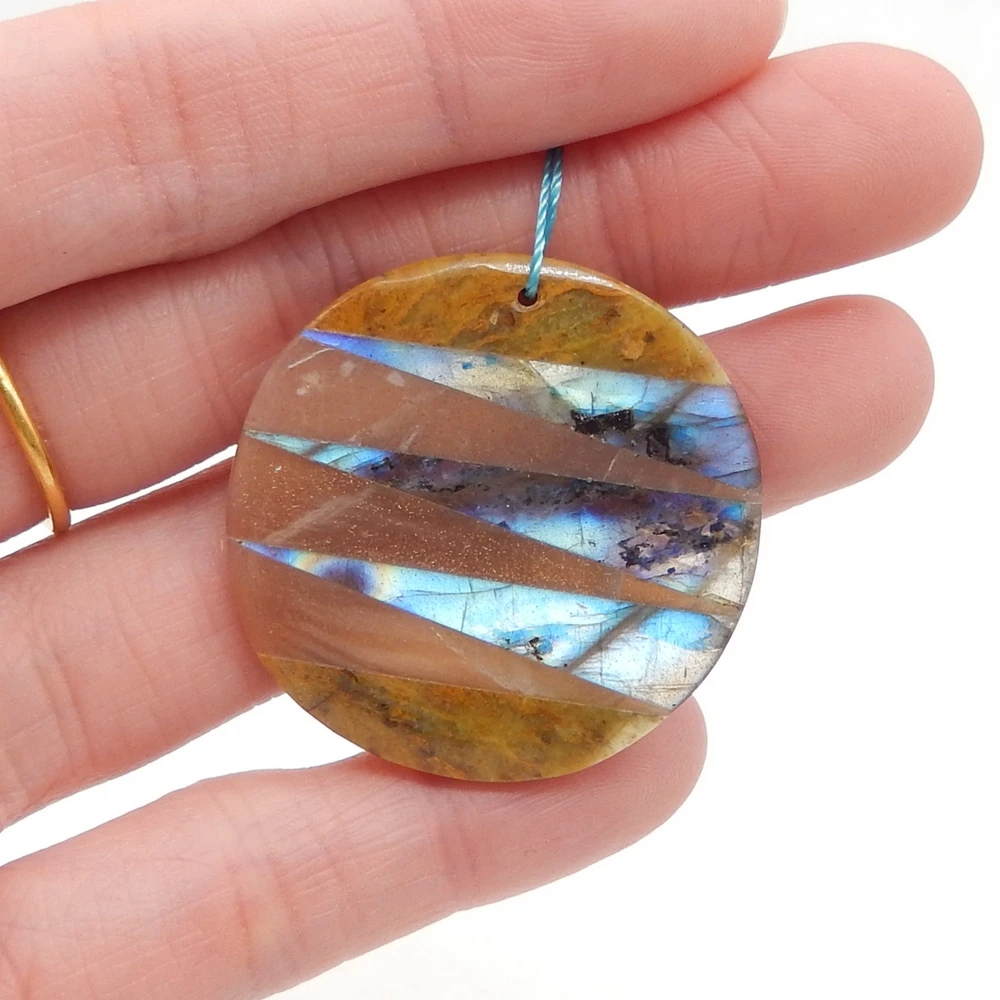 Natural Gemstone Intarsia Round Pendant Bead for Jewelry Making, Natural Gemstone, Labradorite, Sun Stone and Yellow Opal