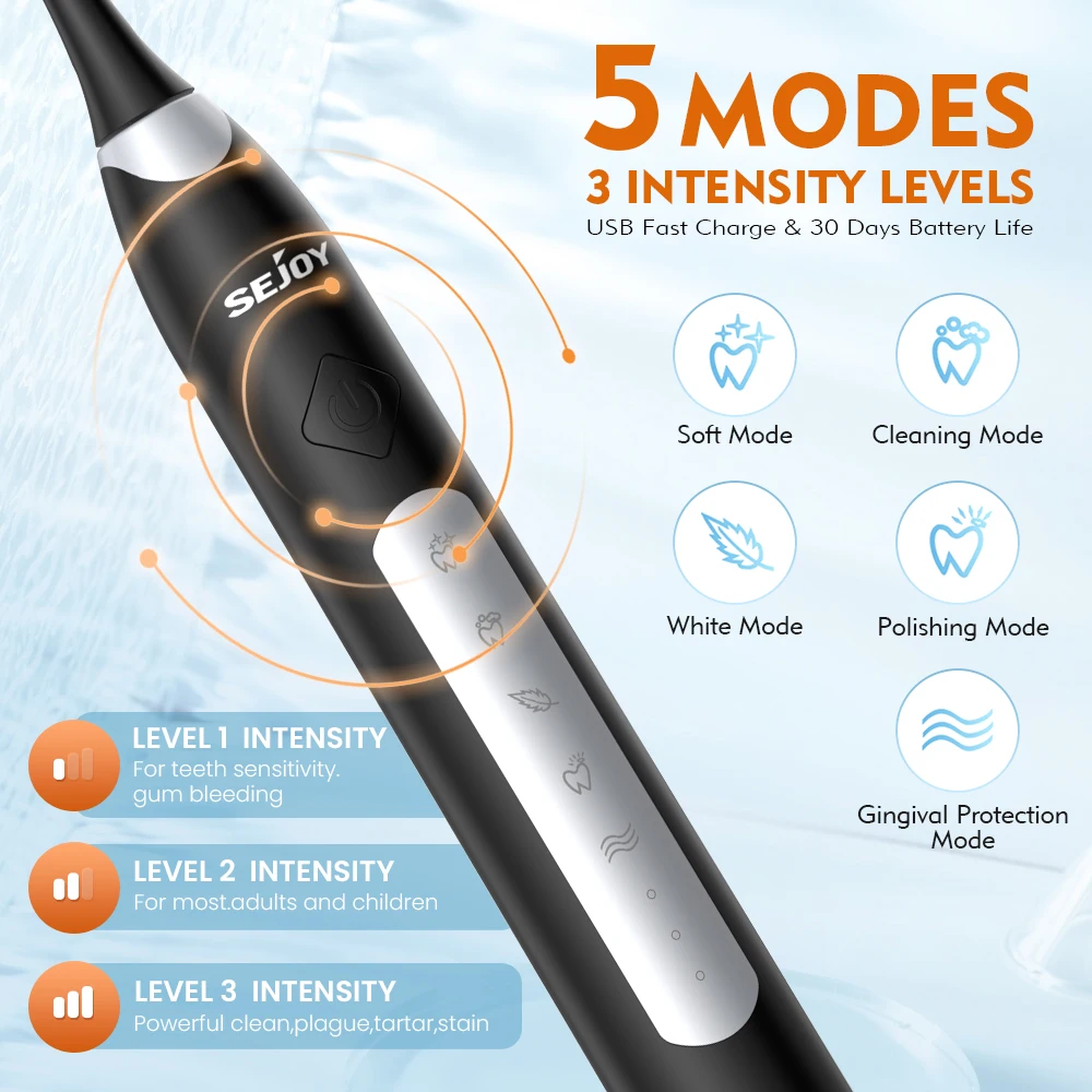 Sejoy فرشاة أسنان كهربائية بالموجات الصوتية USB شحن IPX7 قابلة للشحن مقاوم للماء فرشاة الأسنان الإلكترونية استبدال رؤساء الكبار #5