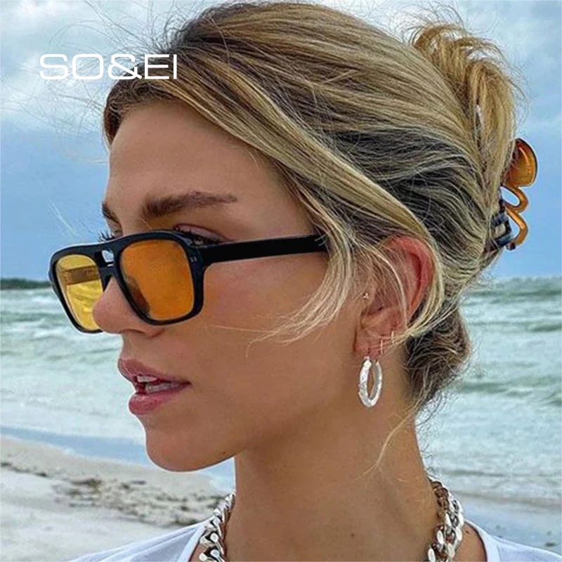 SO&EI Retro Double Bridges Women Square Sunglasses Fashion Gradient Eyewear Trending Men Ocean Lens Sun Glasses Shades UV400