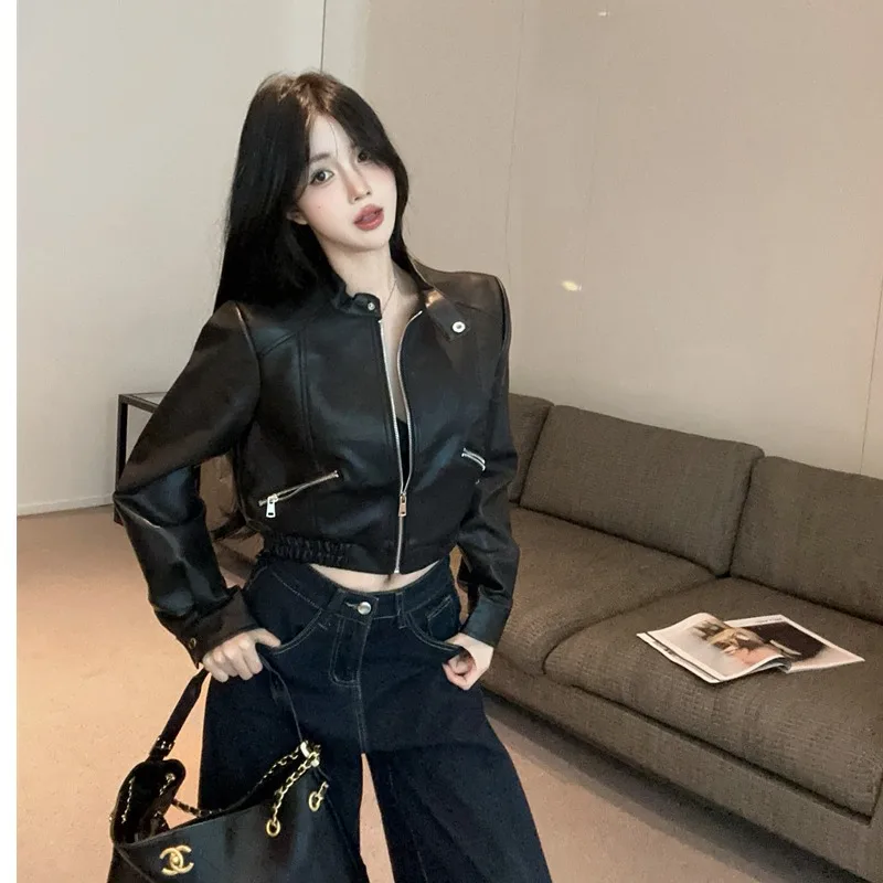 Faionable ort PU cuir Jaet femmes moto Sle automne nouveauté polyvalent Ele haut qualité fibre de Polyester