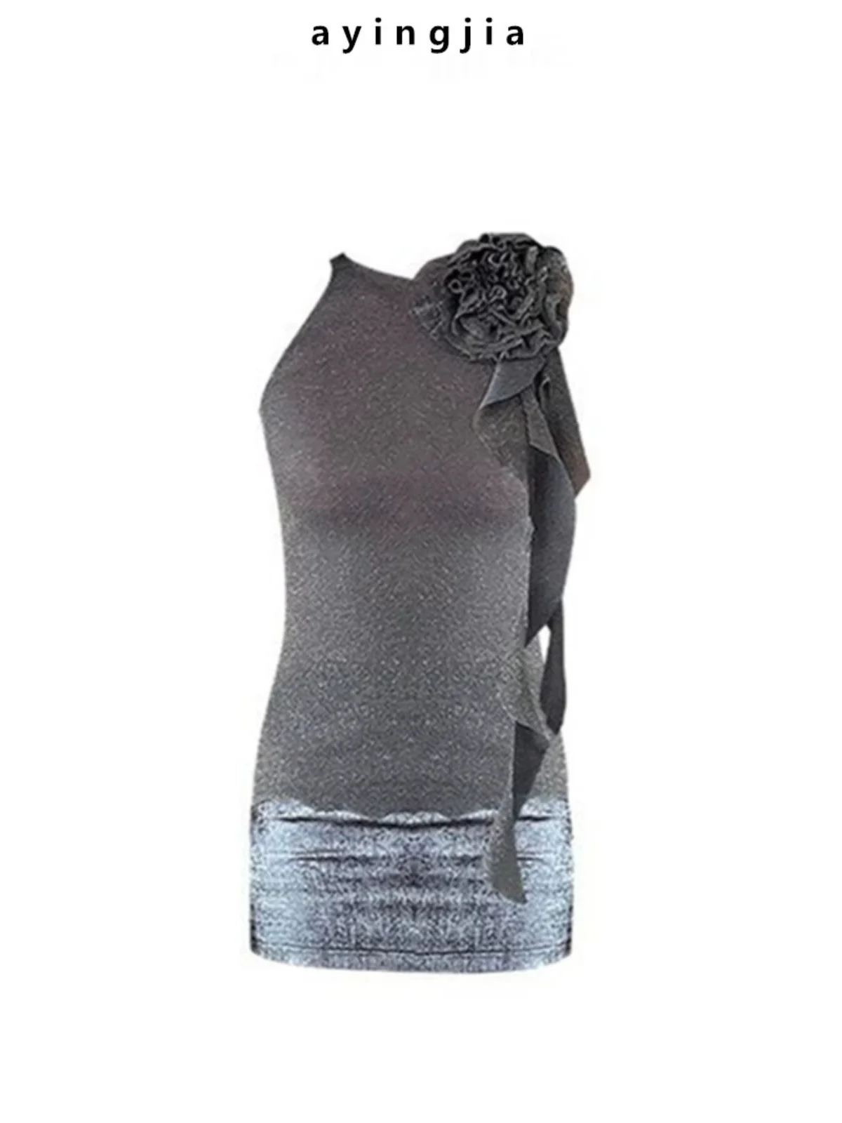 

Сине-серый топ с золотой нитью, сетчатыми вставками, без рукавов, приталенный, с 3D цветочным декором и поясом, весна-лето, новинка, женская модная повседневная модель с круглым вырезом