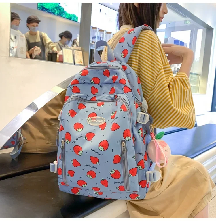 Cute Strawberry Printed Girls\' Schoolbag with Wide Shoulder Strap To Reduce Load and Protect The Spine Backpack Campus