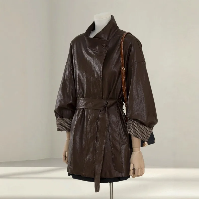 高級コーヒーブラウンレザージャケット レディース 春秋シーズン新作 ルーズフィット 細見え タイフロント エレガントPUレザージャケットトップ