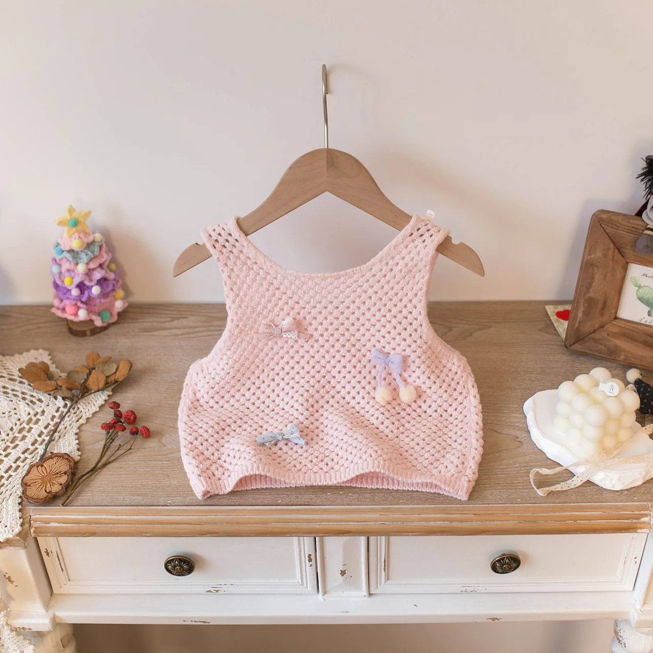 2026 New Spring Kids Vest 6M-4T Solid Color Bow Baby Girls Waistcoat Sweet Hollow-out Infant Clothes Children Tops