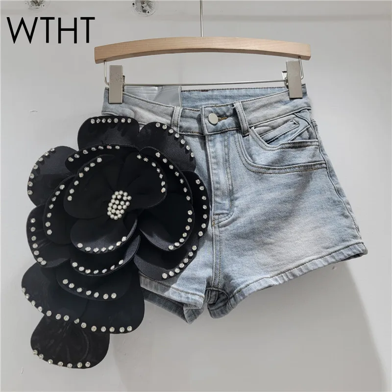 

WTHT Fashion Trendy Women Spliced 3D Diamonds Flower Mini Denim Skirts 2025 Summer New High Waist Wrap Hip Skirt Female 1LS1769