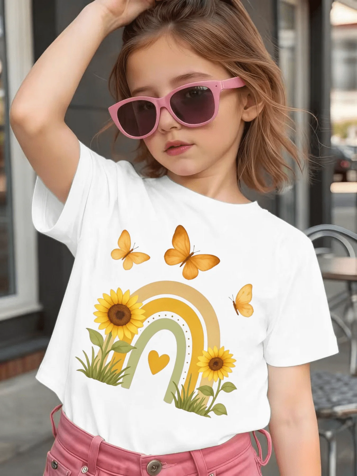 Lovely Rainbow Sunflower Butterfly Kids T Shirt Heart Pattern Tops Boys Girls Parent Child Matching Cotton Summer Children Wear