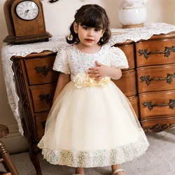 Baby Girls Sequin Shining Party Dress Summer Floral Pleated Princess Dresses Toddler Girl 1st Birthday Tutu Clothes Evening Wear