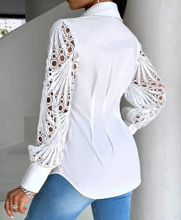 Blusa de manga larga con botones para mujer, camisa informal con cuello urbano, Color liso, a la moda, para verano, 2024