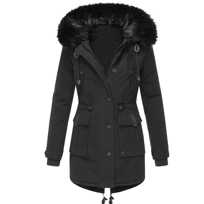 Katoenen jas Dames Parka's Jas Dikke bontkraag Zakken met capuchon Trekkoord Enkele rij knopen Winddichte bovenkleding Overjas Winter