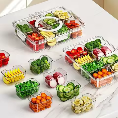 8-Grid Divided Plate with Lid Food Storage Box Snack Box Fruit Storage Container for Refrigerator Vegetable Organizer