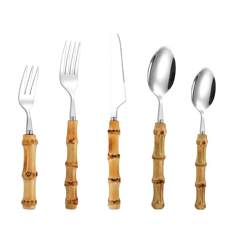 24/30Pcs Bamboo Handle Cutlery Set Stainless Steel Dinnerware SetsKnife Fork Teaspoon Cutlery Set