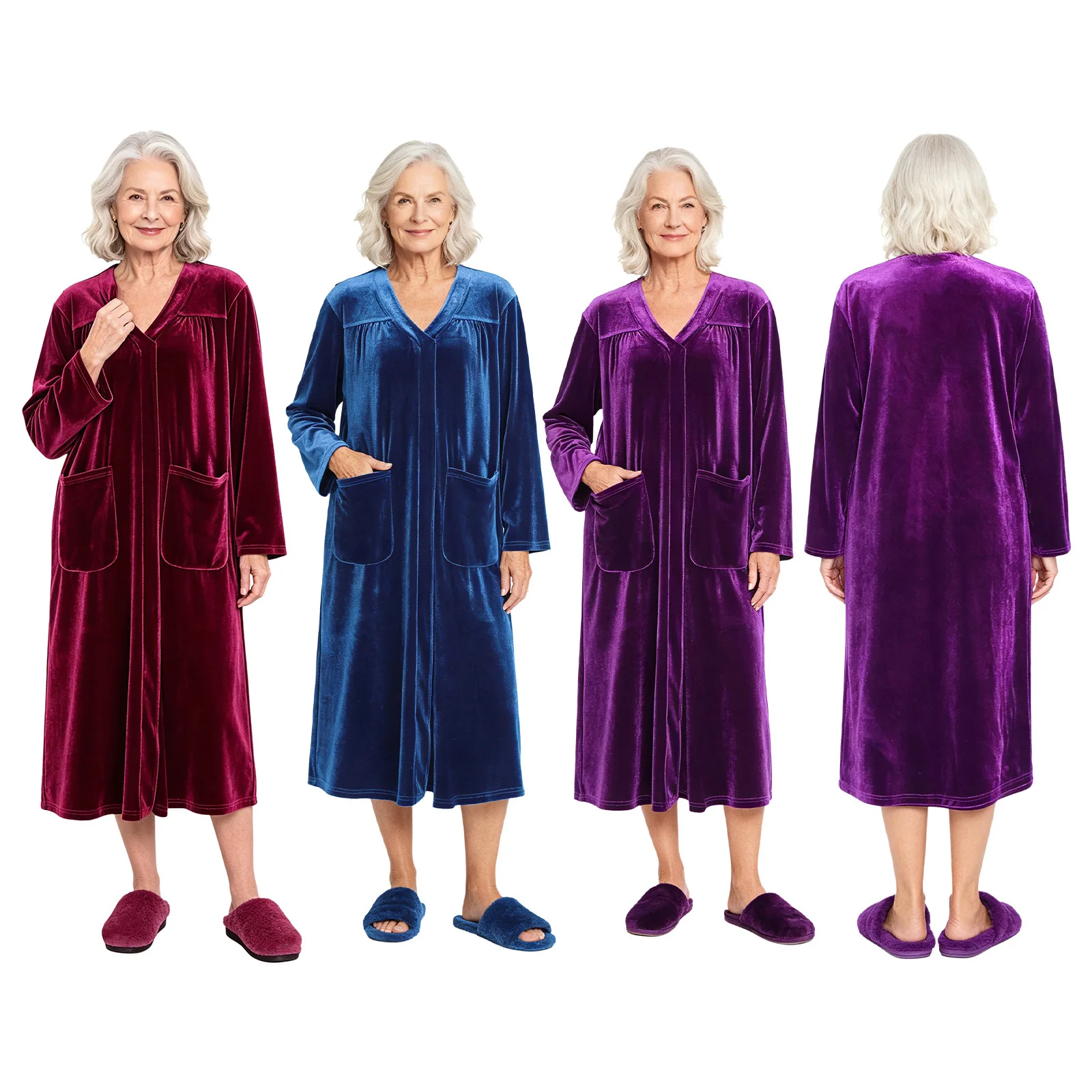 Women V-neck Warm Velvet Nightgown Long Sleeve Press Button Shoulder Open Back Nightdress with Pockets for Elderly Nursing