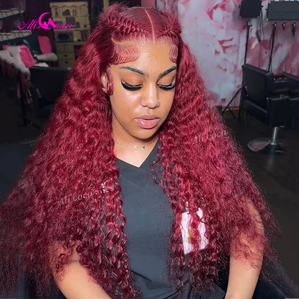 200 Density 99J Colored 13x6 Drawstring Glueless Wig 13x4 Transparent Lace Deep Wave Human Hair Pre Plucked 5x5 Lace Closure Wig