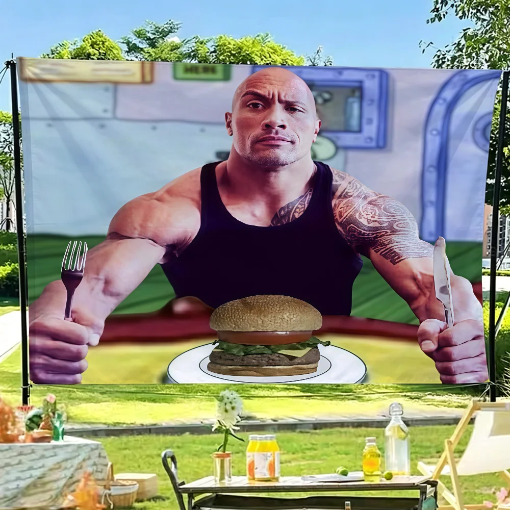 Funny Dwayne J-Johnson with Pancakes flag Tapestry Room Decoration Wall Tapestry Hanging Aesthetic Bedrooms Advertising Banner