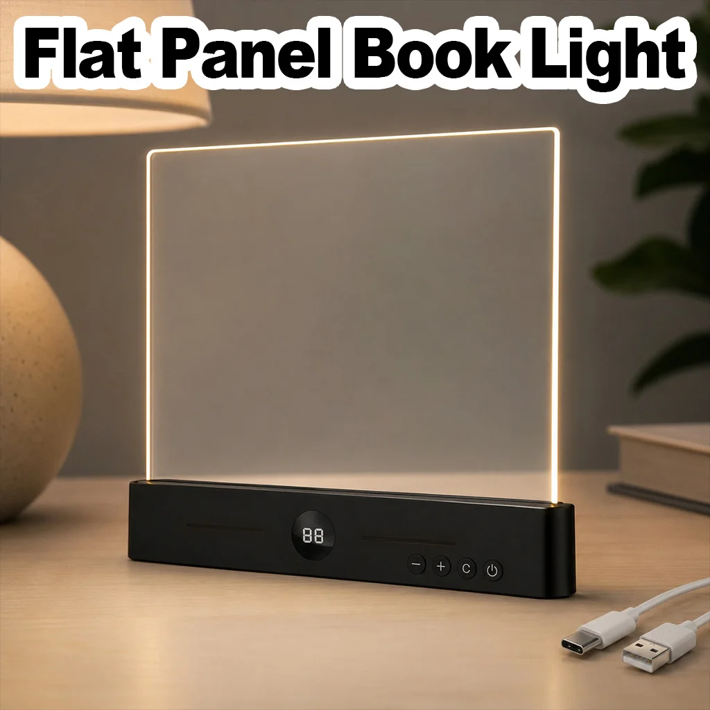 Book Light Flat Rechargeable 1-99 Minute Timer 1200mAh Battery Acrylic Panel Portable Design Bedtime Desk Travel Reading 3 Color