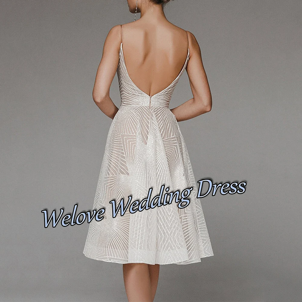 Vintage Tea Length Short Wedding Party Dress A-Line Spaghetti Straps Backless Stylish Bride Woman Glitter Gown Sequin 2024