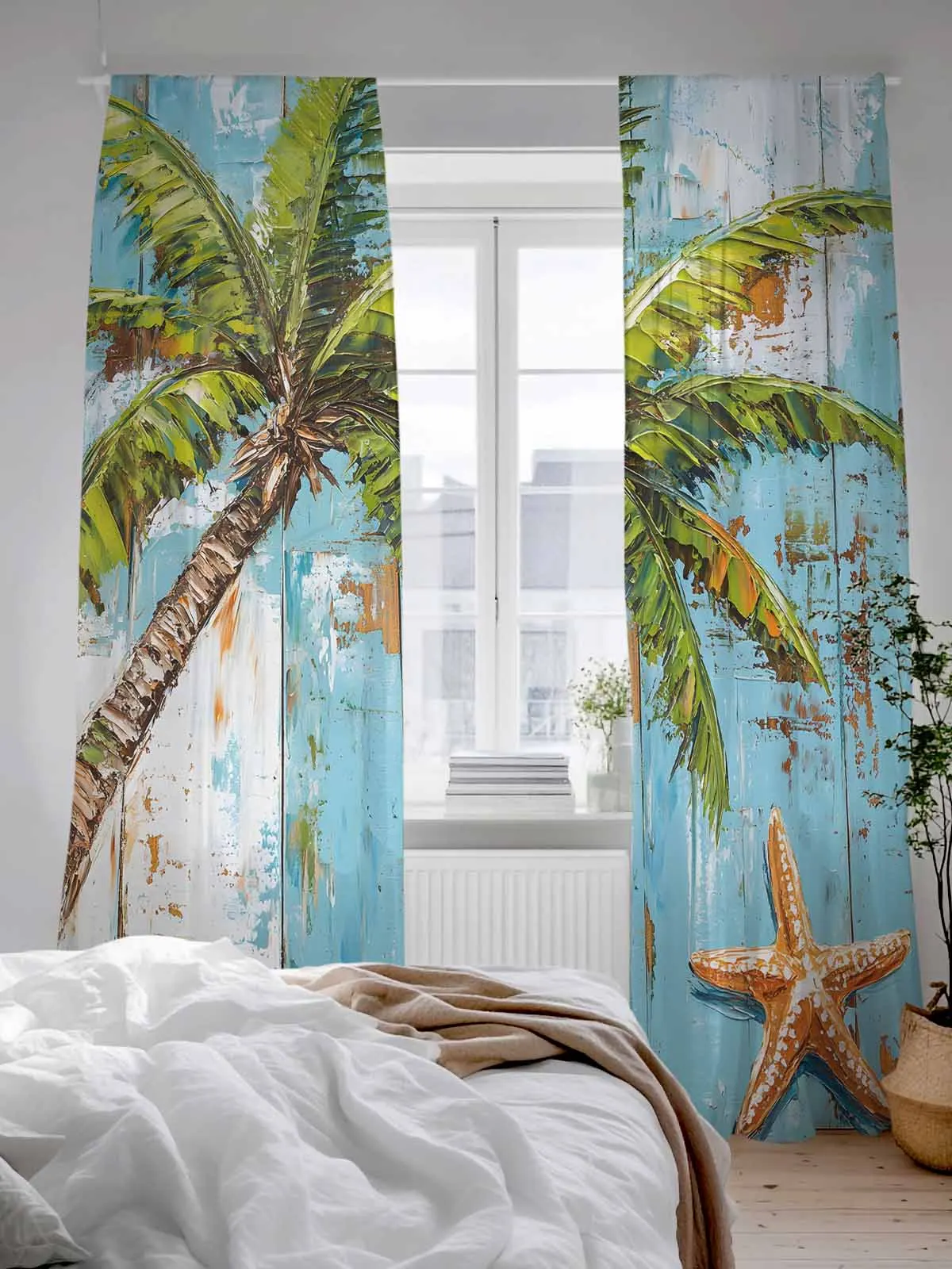 

Vintage Wood Grain Coconut Tree Tulle Sheer Curtains for Living Room Bedroom Kitchen Decoration Voile Organza Curtains